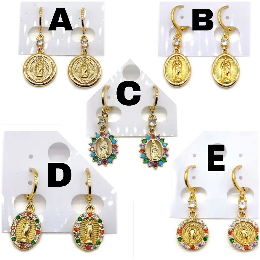 Elegant Multi Color Gold Plated Religious Dangle Earrings Virgen De Guadalupe